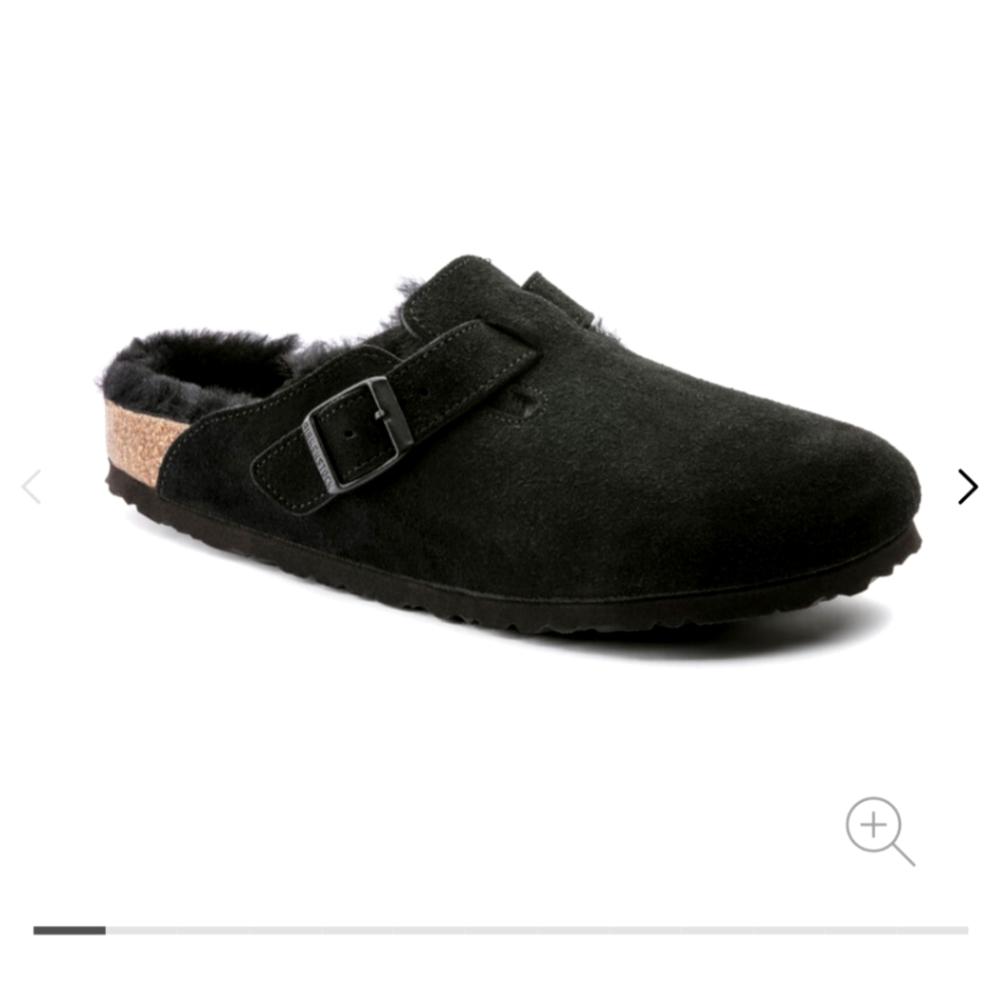 Birkenstock, Boston Black Shearling Suede/ Leather. Size 42 Med/ Narrow